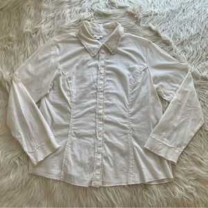 J Jill White Sheer Blouse Peasant Ruffled Button Up Cottage Shirt Women’s Size S